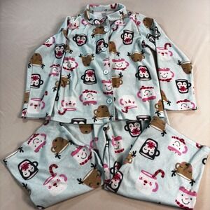 Holiday‎ Time Girls Pajamas Set Size 5T Blue Holiday Mugs Penguin Christmas